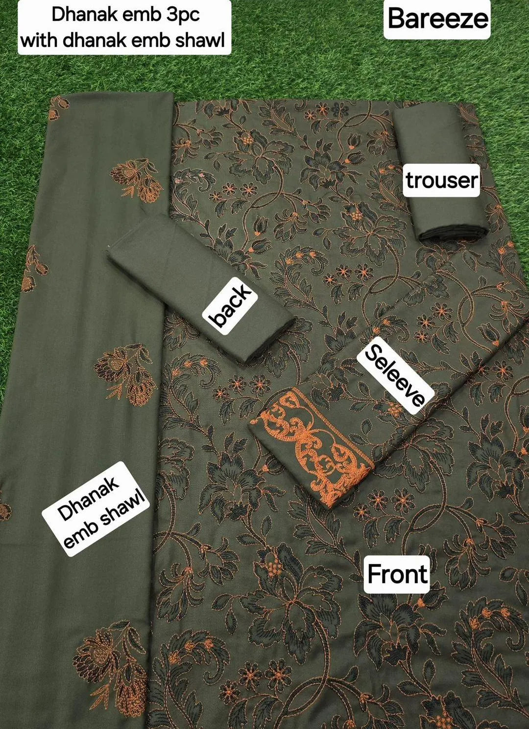 Sakoon Stylish Green Embroidered Suit Set 3 Pcs Dhanak Fabric