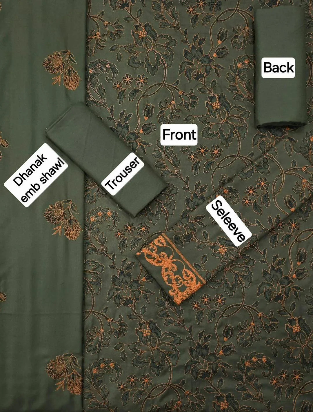 Sakoon Stylish Green Embroidered Suit Set 3 Pcs Dhanak Fabric