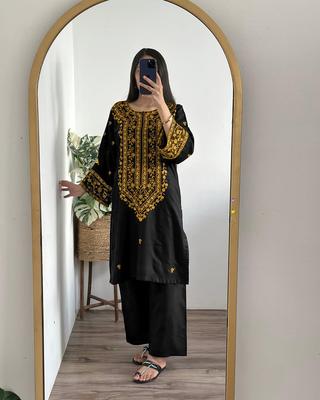 2 Pcs Women's Stitched Cotton Embroidered Shirt And Trouser