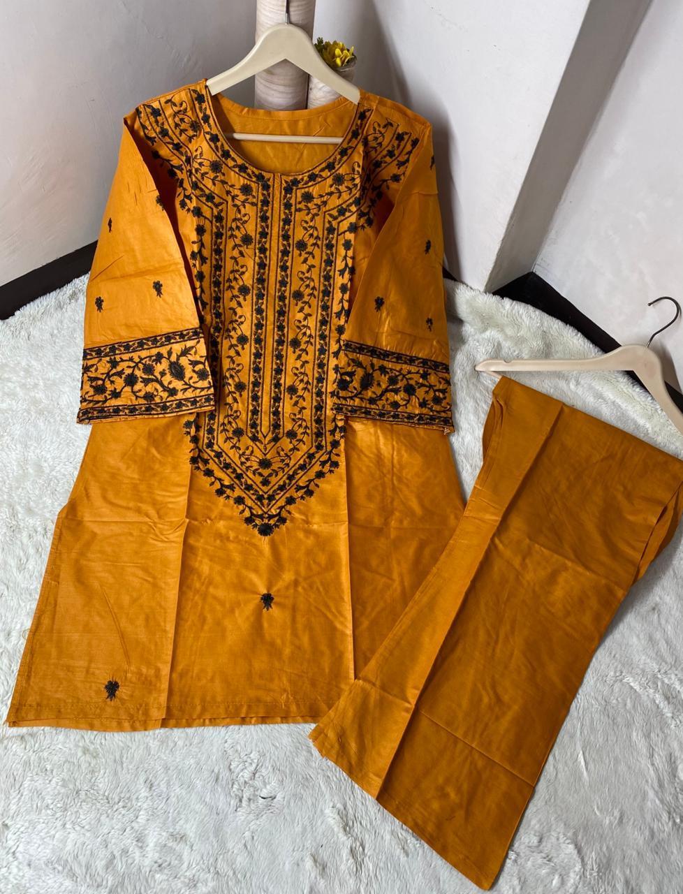 2 Pcs Women's Stitched Cotton Embroidered Shirt And Trouser