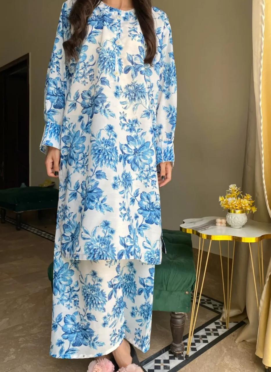2 Pcs Women’s Stitched Swiss Lawn Printed Shirt &Trouser Blue