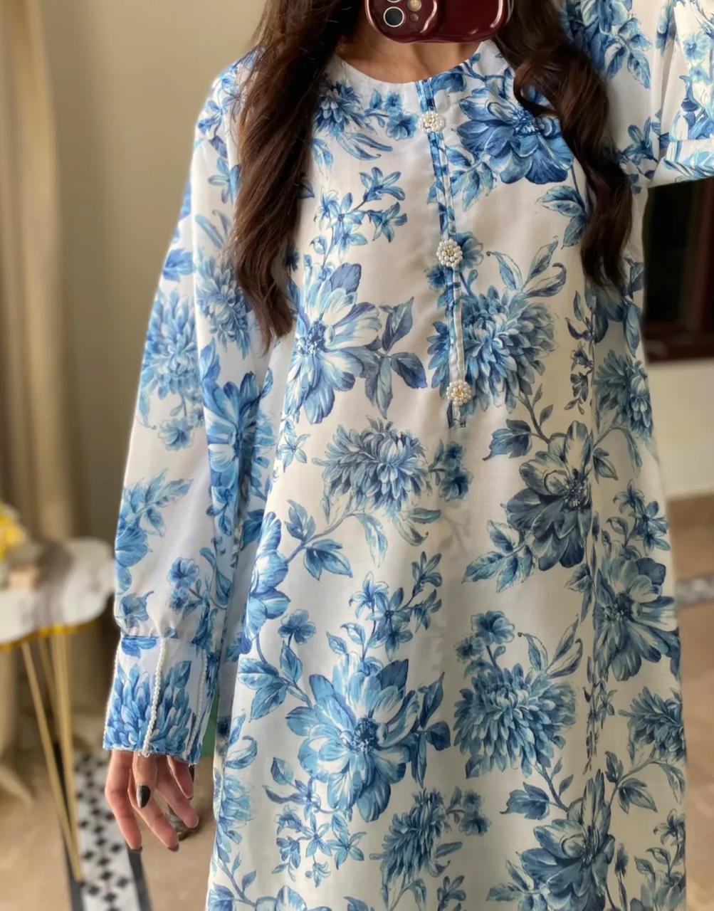 2 Pcs Women’s Stitched Swiss Lawn Printed Shirt &Trouser Blue