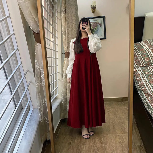 1 Pc Women’s Stitched Georgette Maxi  Maroon | Plain | U-Neck