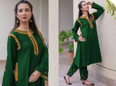 2 Pcs Women's Stitched Linen Embroidered Shirt And Trouser