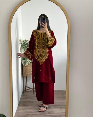 2 Pcs Women's Stitched Cotton Embroidered Shirt And Trouser