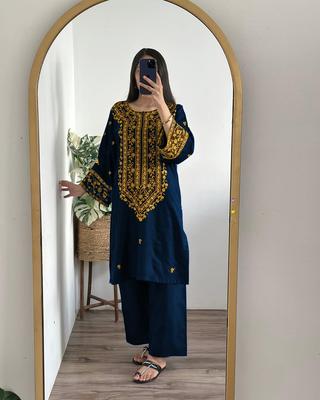 2 Pcs Women's Stitched Cotton Embroidered Shirt And Trouser