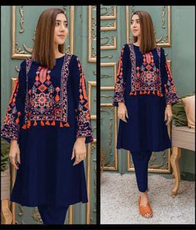 2 Pcs Women's Stitched Linen Embroidered Shirt And Trouser