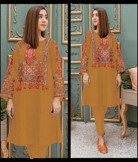 2 Pcs Women's Stitched Linen Embroidered Shirt And Trouser