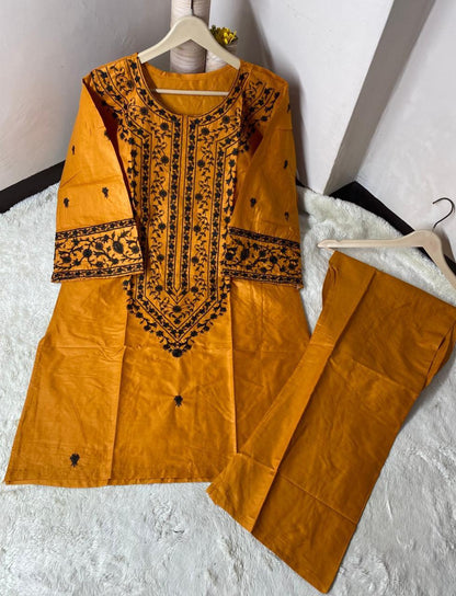 2 Pcs Women's Stitched Cotton Embroidered Shirt And Trouser