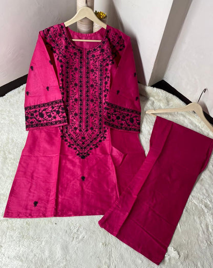 2 Pcs Women's Stitched Cotton Embroidered Shirt And Trouser