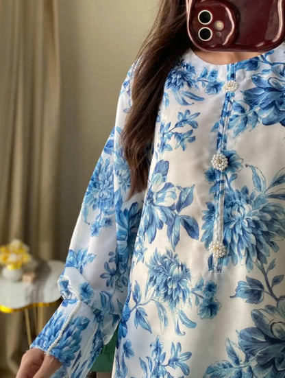 2 Pcs Women’s Stitched Swiss Lawn Printed Shirt &Trouser Blue