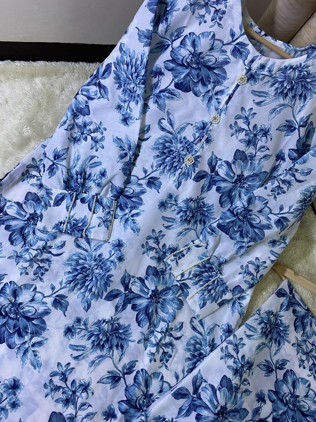 2 Pcs Women’s Stitched Swiss Lawn Printed Shirt &Trouser Blue