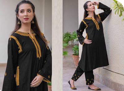 2 Pcs Women's Stitched Linen Embroidered Shirt And Trouser